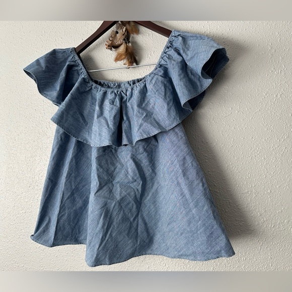 Rebecca Minkoff Blue Off-Shoulder Chambray Top Size L NWT Cottagecore Beach - Picture 3 of 12